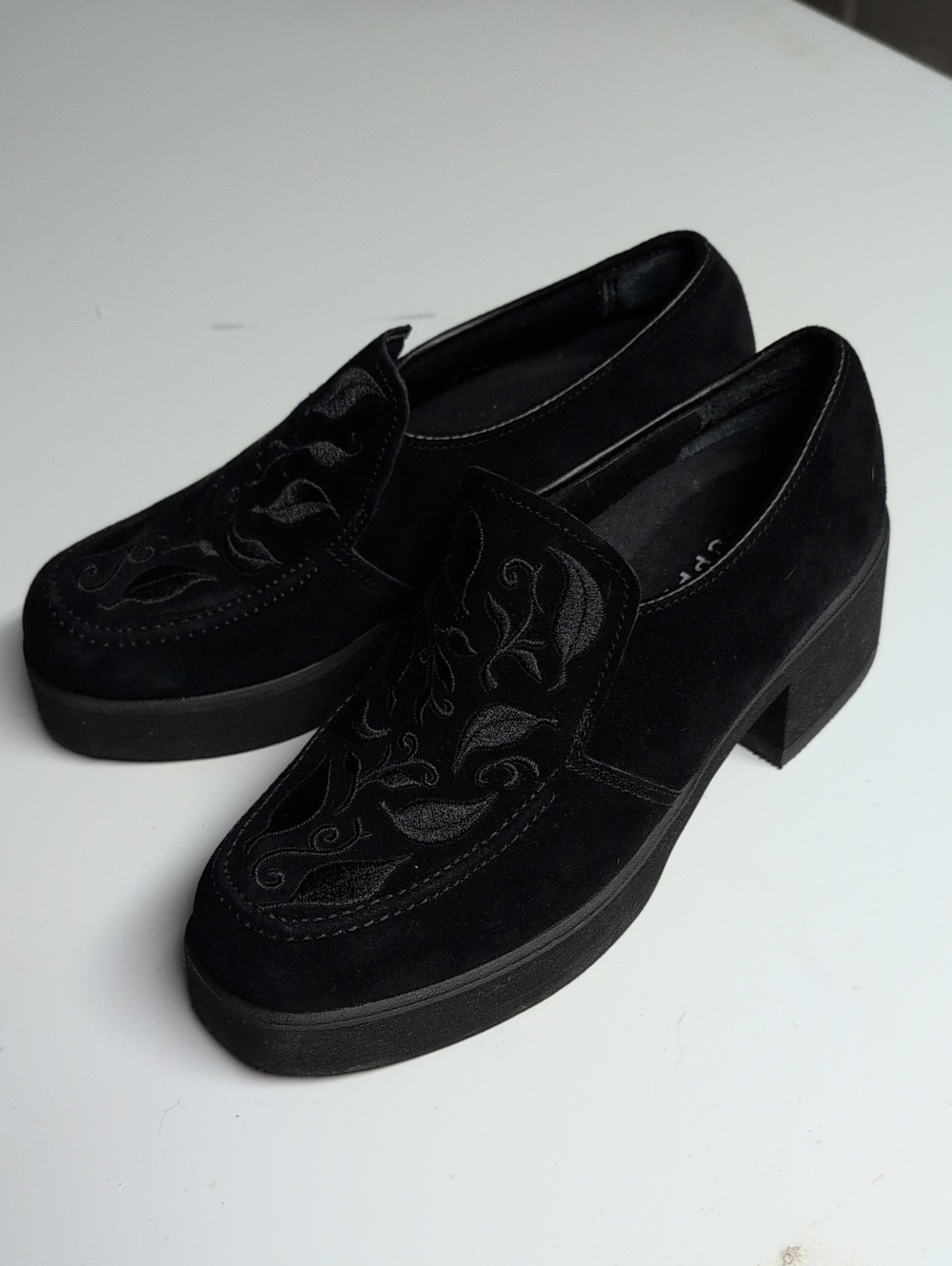 Black Suede Embroidered Platform Hush Puppies Loafers